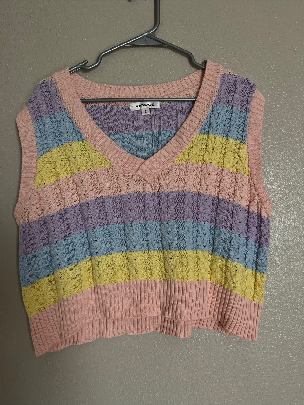 Vigoss Pastel Striped Cable Knit V-Neck Sweater Vest - Pink